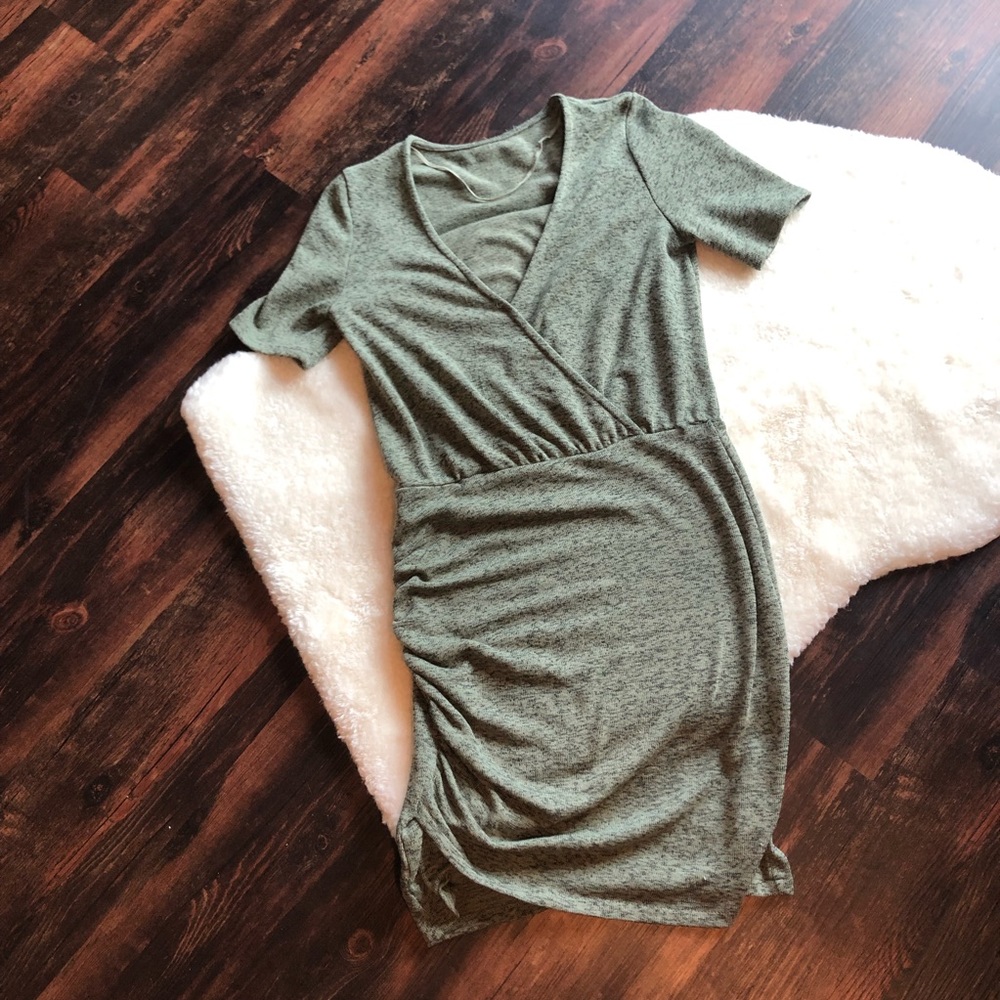 Side gathered wrap neck mini bodycon dress